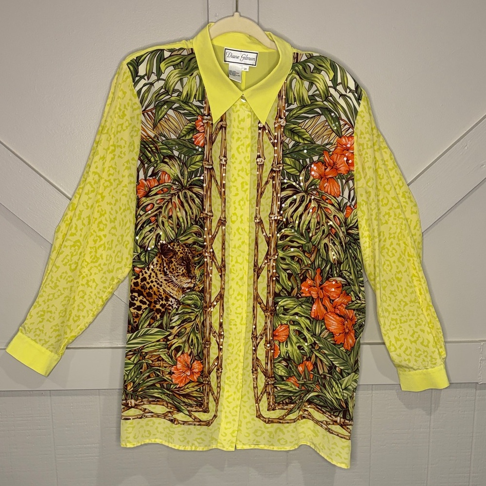 Vintage Diane Gilman Neon Tropical Animal Print Leopard Button-Up Blouse Size 2X - Picture 2 of 15